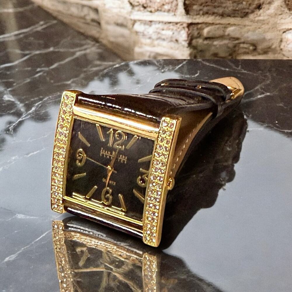 Vintage Joan Rivers Watch Womens Black Gold Tone Rhinestone Square Quartz RUNS